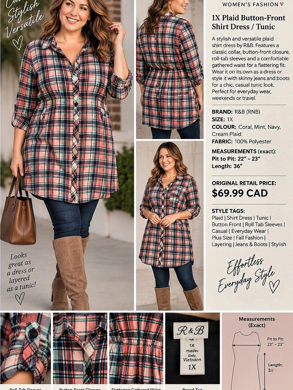 23” ptp R&B Plaid Button-Front Shirt Dress/Tunic Pink & Blue 1X Like New